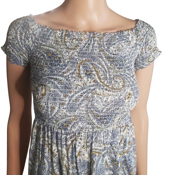 Old Navy Smocked Fit Flare Blue Paisley Midi Dress On/Off Shoulder Boho Milkmaid - Picture 3 of 10